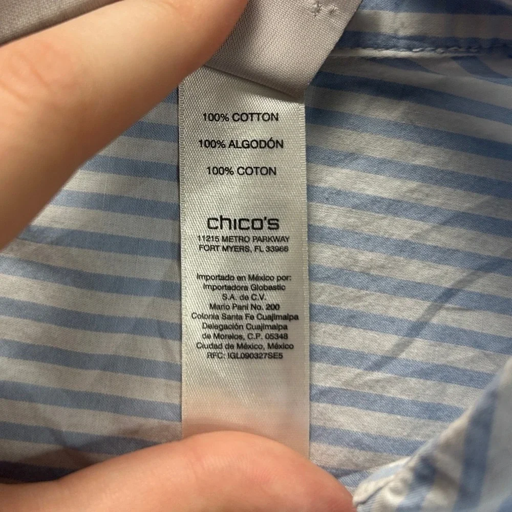 Chico's Popover Blouse Womens Size 1 Blue White Stripe Short Sleeve Collared Top